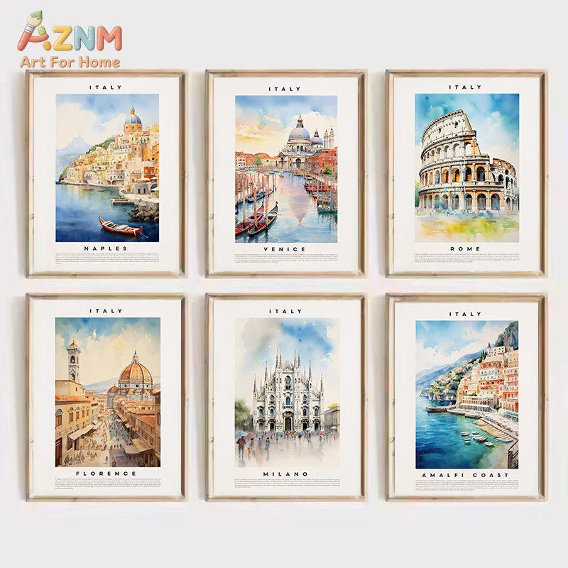 AZNM Italy City Watercolor Canvas Wall Art Rome Venice Florence Amalfi Coast Landscape Travel Poster Home Unframed Decor Print