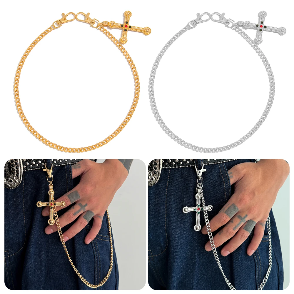 

Stainless Steel Punk Jeans Chain Cross Pendant Adjustable Length HipHop Waist Chain Studded Rhinestones Detachable Design