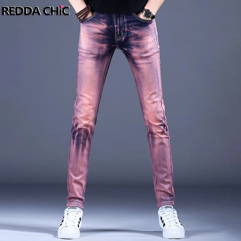 

REDDACHIC Vintage Tie Dye Мужские джинсовые брюки-карандаш с низкой посадкой Фиолетовые стираемые старые тонкие прямые повседневные джинсы Эстетическая уличная одежда Y2k