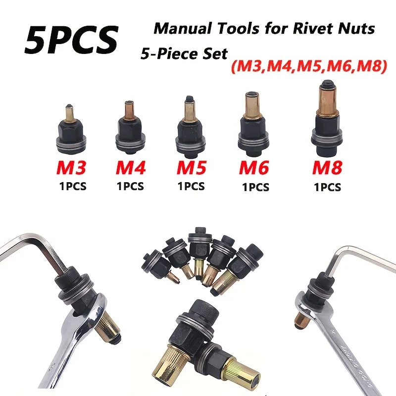 Kit complet de pistolet à rivets manuel 5 pièces - Machine à rivets manuelle efficace, kit de rivets à écrous manuels, écrous à rivets manuels M3-M8, facile à utiliser, ensemble durable, adapté à l'automobile, à la rénovation domestique et à divers outils de connexion métallique.