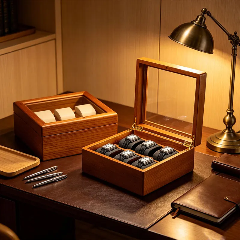 WoodTen Watch Storage Box Delicate Dustproof Glass Cover Watch Box Wristwatch Collection Box Display Storage 6-Gird Watch Box