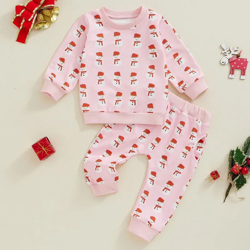 0 to 3 Years Christmas Baby Girl Pant Sets Snowman Print Pullover Sweatshirt Elastic Waist Pants Baby Clothing