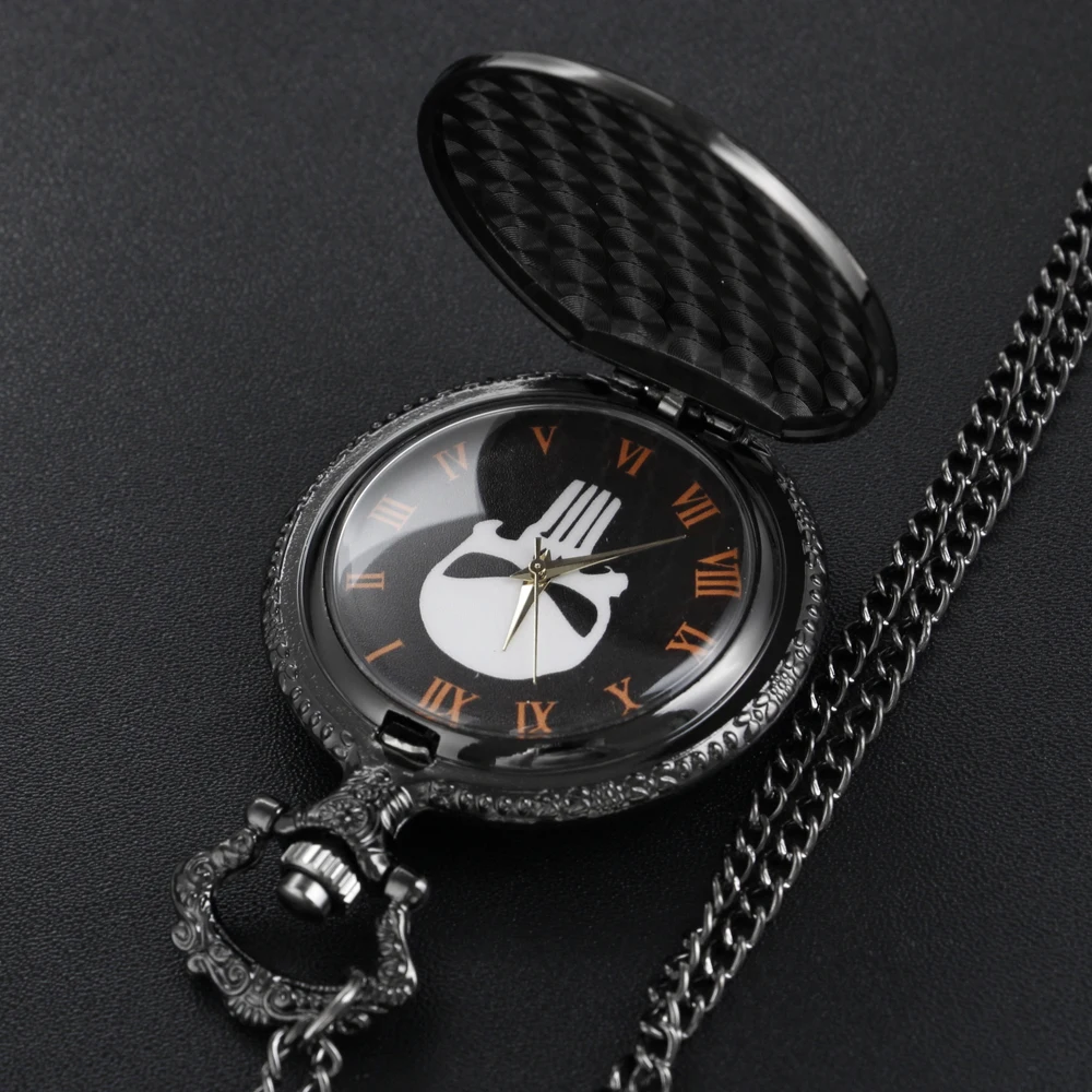 Reloj de bolsillo de cuarzo negro Steam Punk, superrebelde, fuerzas especiales, héroe, Fob, cadena, reloj colgante, collar, regalo para hombres y niños