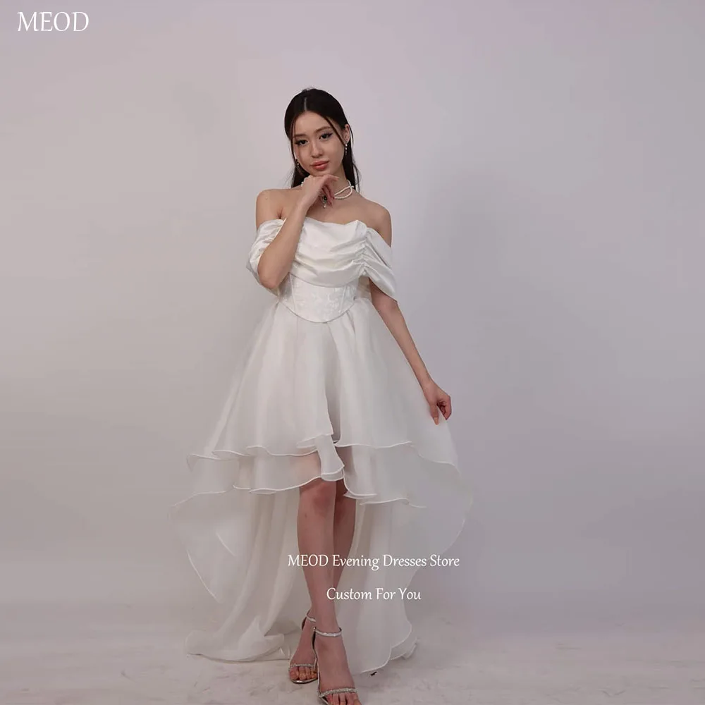 MEOD White High Low Chiffon Wedding Dress Strapless Off The Shoulder Robe De Mariée Elegant Backless Bridal Gown Customized