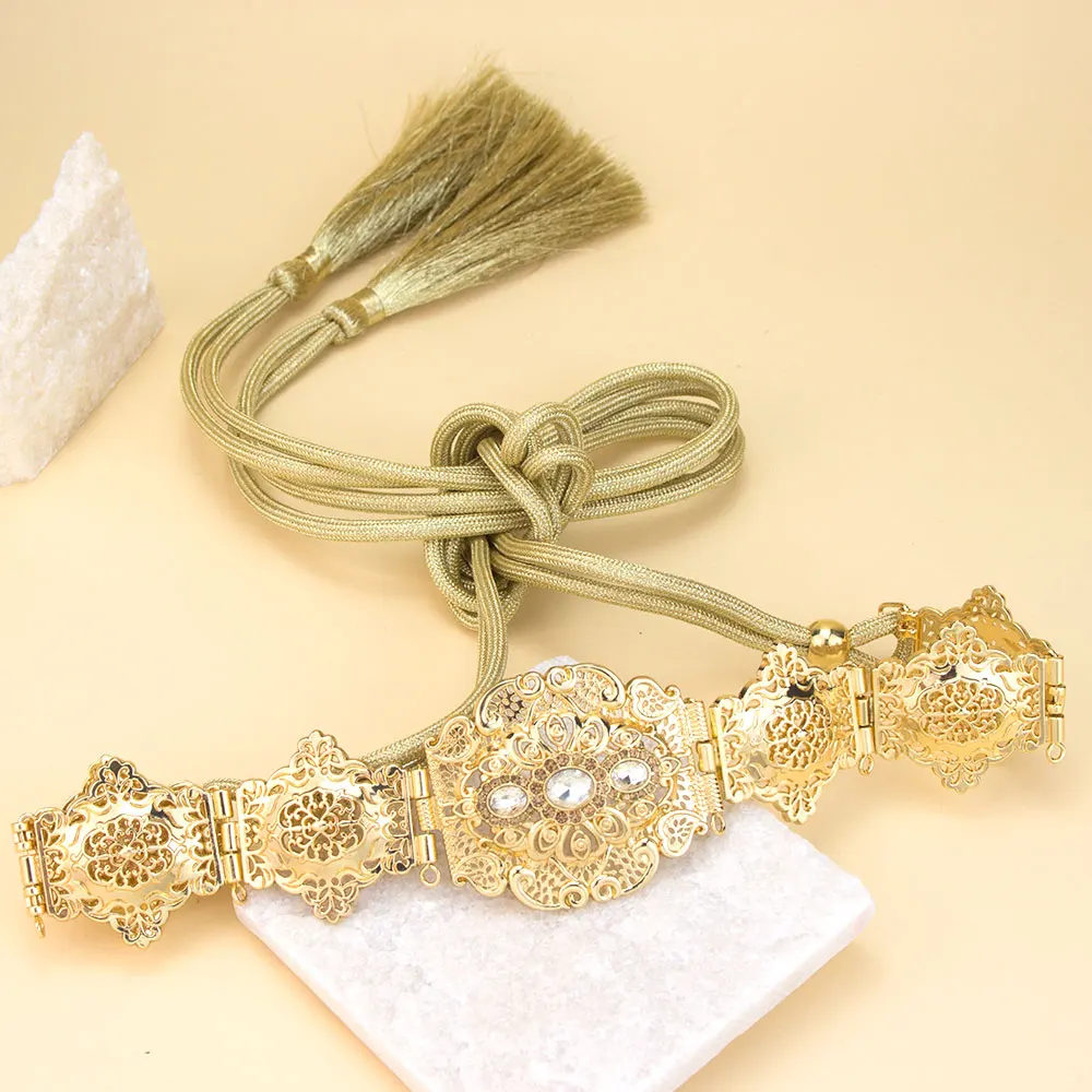 Sunspicems Algeria Arabic Women Dress Waist Belt Hand Rope Tassels Chain Morocco Crystal Metal Body Jewelry Bridal Bijoux