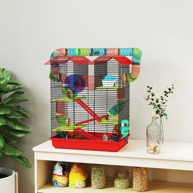 Cage pour hamster, souris, petits animaux rongeurs avec tunnel, mangeoire, roue, jouet 47 x 30 x 59 cm rouge