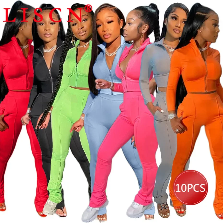 10sets Wholesale Items for Business Two Piece Set Outdoor Sportsuit Women Clothes Jogger Zipper Turn-down Collar K8658