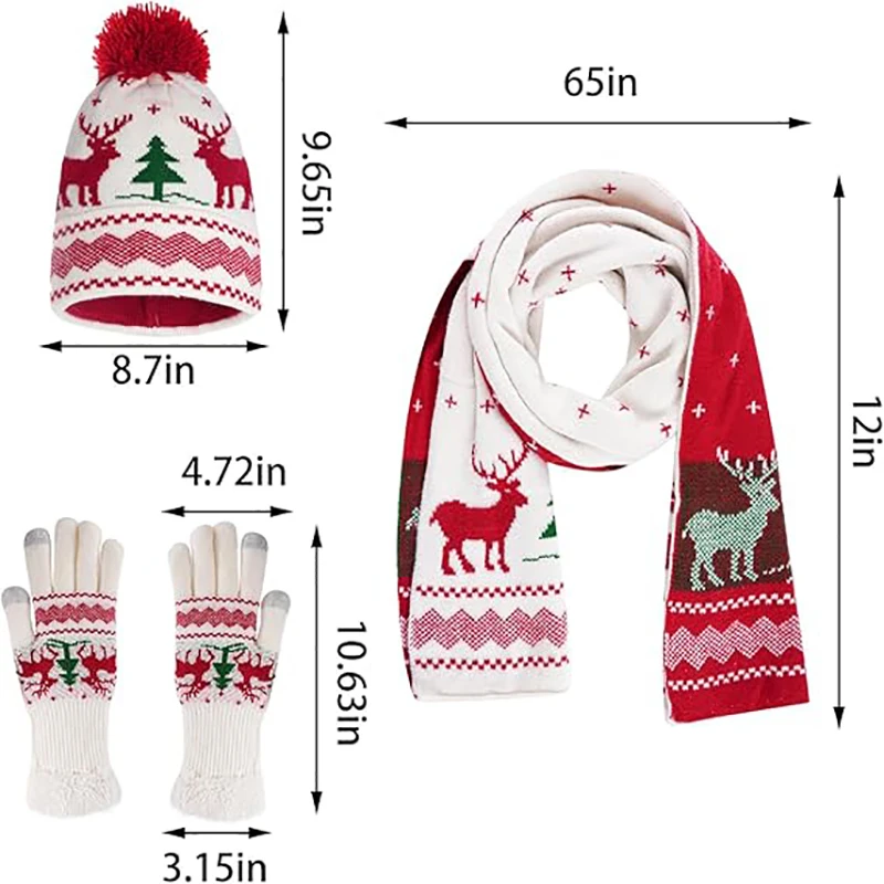 3 Pcs Christmas Hat Scarf Gloves Set Christmas Gifts Winter Christmas Knitted Elf Hat Santa Scarf for Party With Box