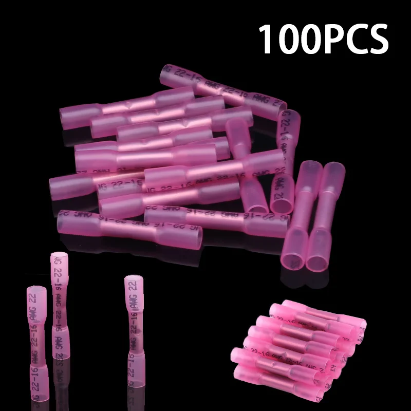 100pcs Connectors Heat Shrink Red Butt Crimp Terminals Waterproof Female Spade Connectors 22-16 Gauge Insulated Seal Wire