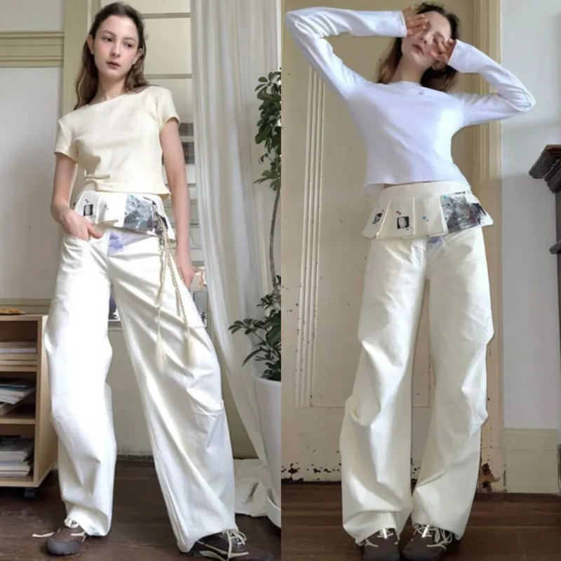 

C Drawstring Pants Crying Amusement Park Curtain Women Japan Korean Work Pants Pocket Drawstring Wide Leg Loose Straight Pants