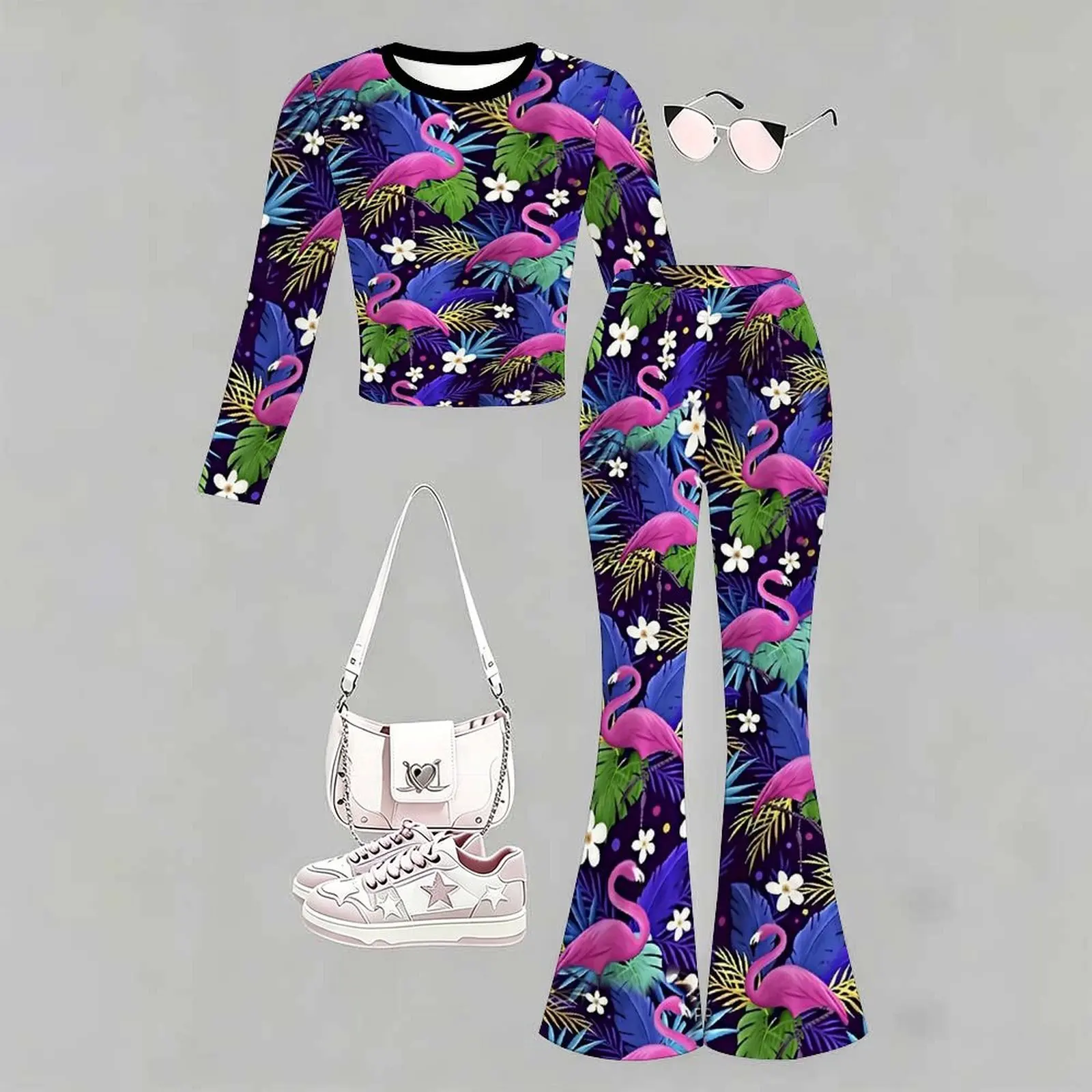 Slim Two-piece Set Fashion Bell-bottomed Pants Children's Casual Pants Autumn Winter Girls' Trendy T-shirt Jogging Pants
