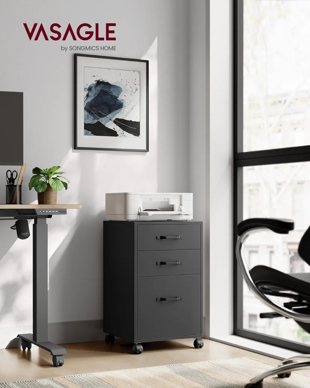 3-Drawer Rolling File Cabinet with Wheels, Lockable Casters for A4 Letter Documents, Home Office Storage Solution in Black