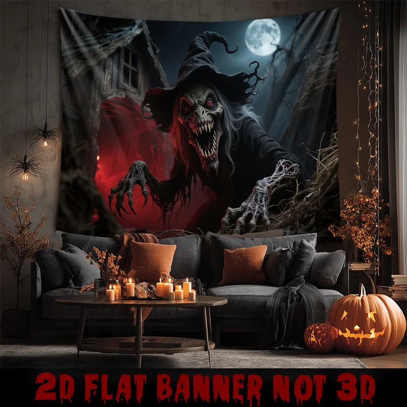 Zombie Witch & Blood Moon Tapestry - Spooky Halloween Decor, Haunted House - Indoor Living Room Horror Setup
