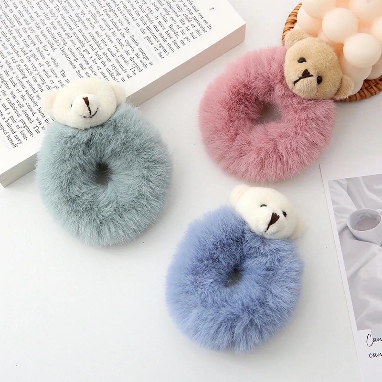 60pcs Plush Bear Hair Ring Fur Rope String Elastic Band Headwear Accessories,Deposit First to Get Discount much