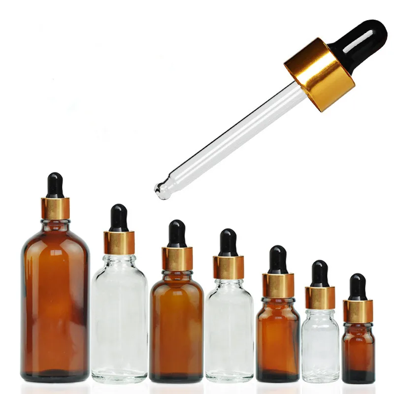 5pcs 5/10/15/20/30/50/100ml Amber Glass Dropper Bottle Essential Oil Perfume Pipette Bottles Refillable Empty Container