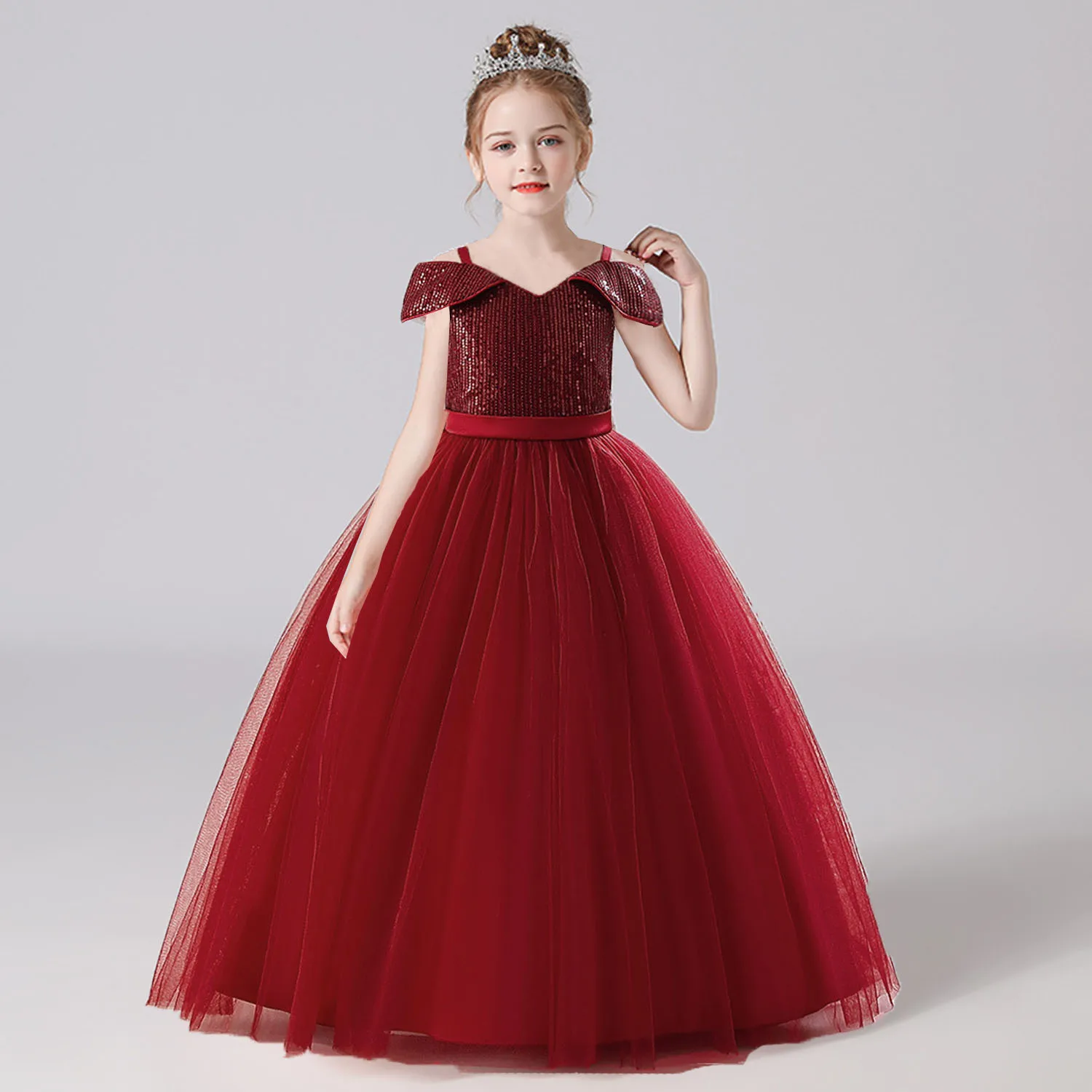 Fiona 5-12 Years Little Big Girls Sequined Off Shoulder Wedding Flower Girl Birthday Party Formal Long Pageant Gown