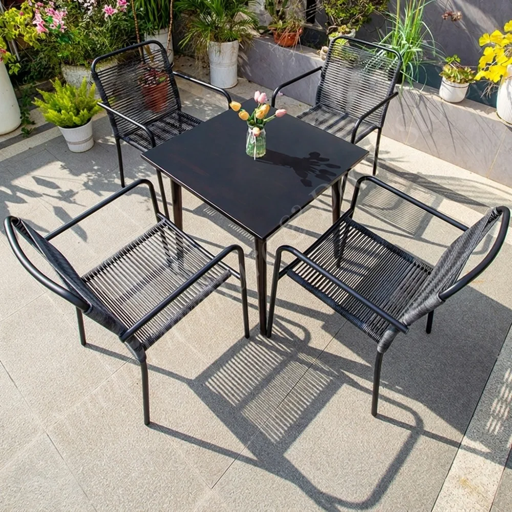 High Quality Carbon Steel Patio Furniture Set Black Rustproof Weatherproof Garden Table and Chair for Cafe Bistro