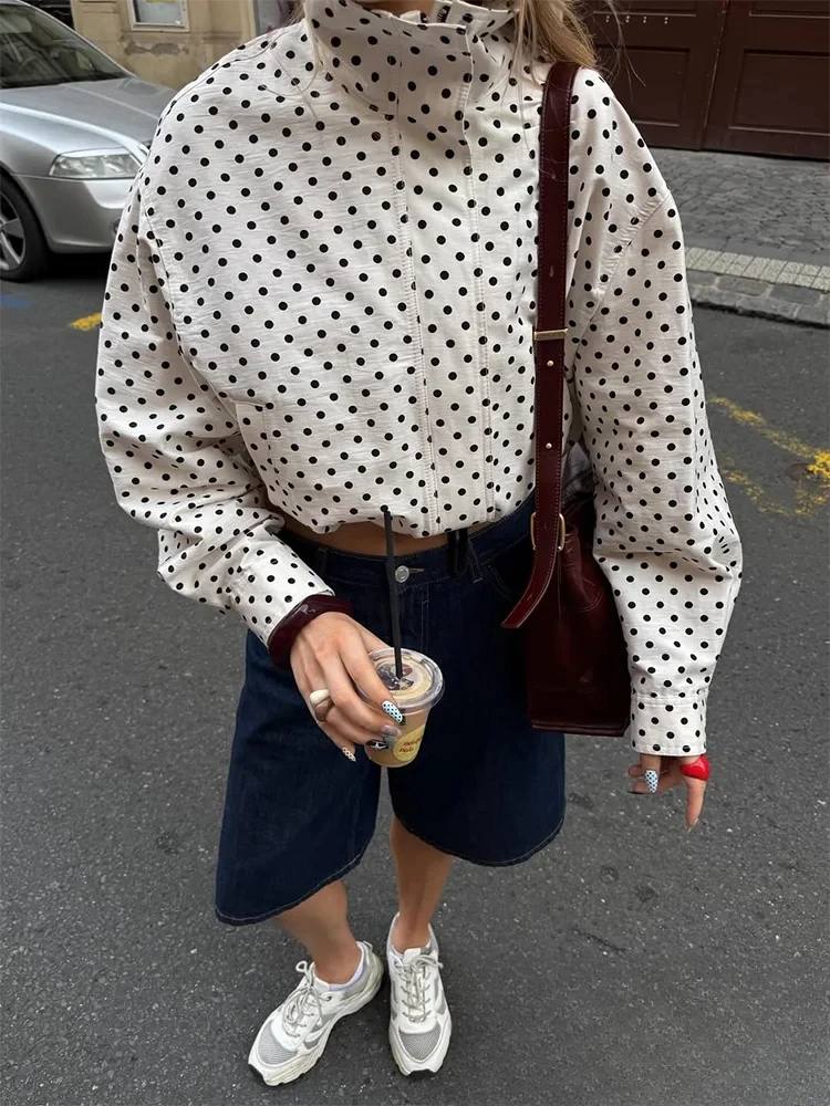 

KONDALA винтажные повседневные женские куртки в горошек с круглым вырезом на молнии и длинными рукавами, новая мода, осень 2024, уличная одежда, свободная верхняя одежда