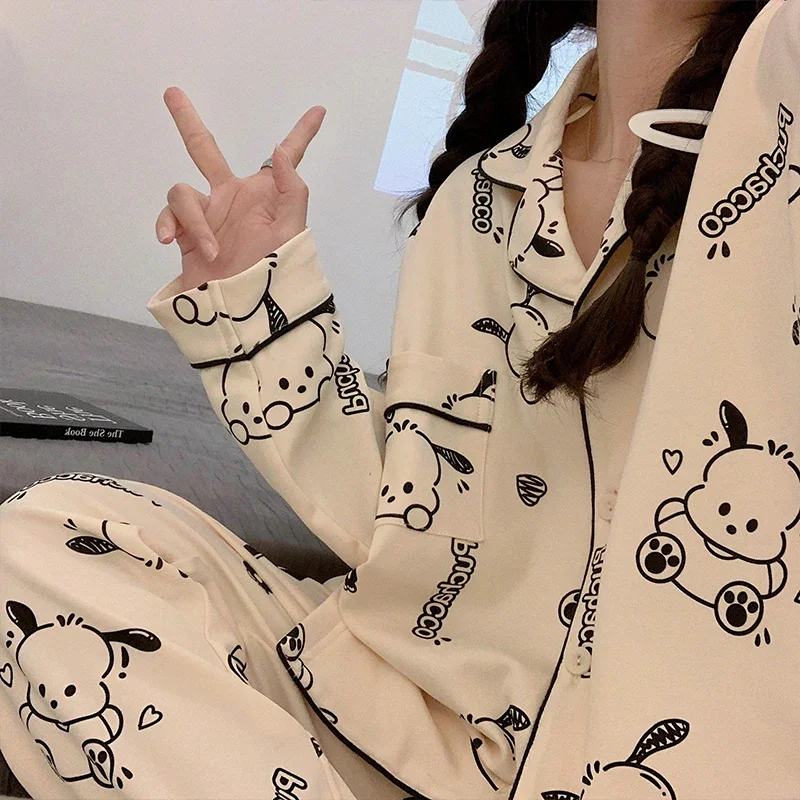 New Sanrio Cartoon Animation Character Pochacco Pajamas Girls Kawaii Fashion Casual Long Sleeves Long Pants Home Clothing Gift