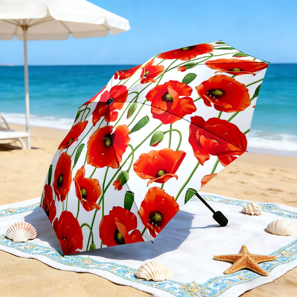 1PC Bright Floral Umbrella by the Lakeside for a Picnic Print 8 Iron Ribs Folding Umbrella Auto-Open Fashion Sunshade
