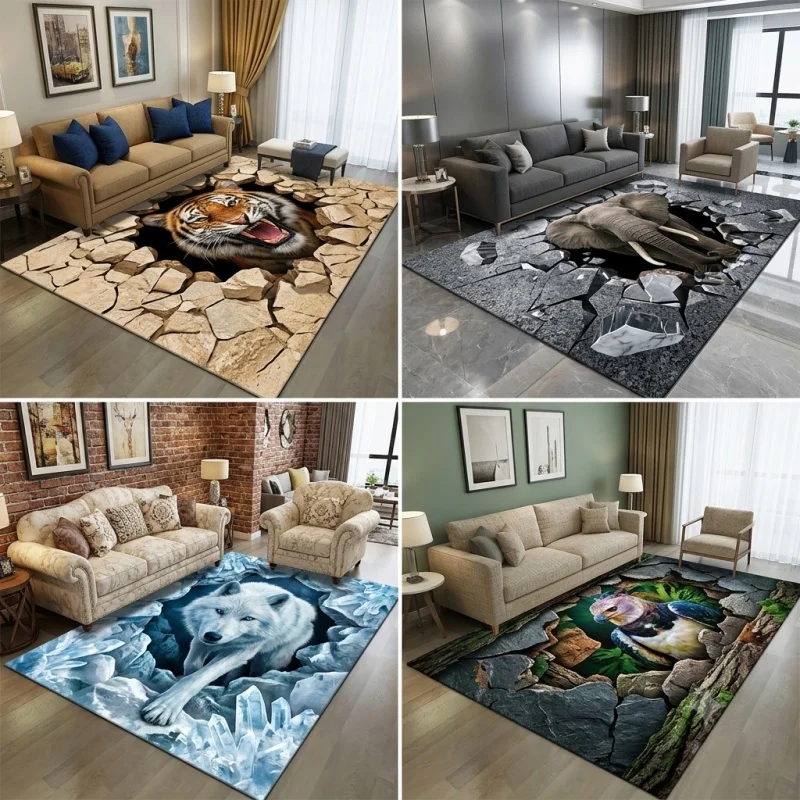 Newest 2D Cracked Stone Animal Large Area Rug, Tiger Elephant Wolf Eagle Printed Floor Carpet for Living Room Indoor Decor