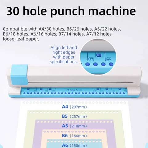 30 Hole Paper Punching Machine Round Shape Heart Punching A4 Hole Punch A4/B5/B6/B7 Universal Hand Push Manual Hole Punch