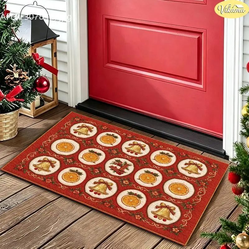 VIKAMA Red Bell Orange Slice Repeat Doormat Non Slip Welcome Floor Mat Front Porch Entryway Outdoor Indoor Xmas Holiday Decor