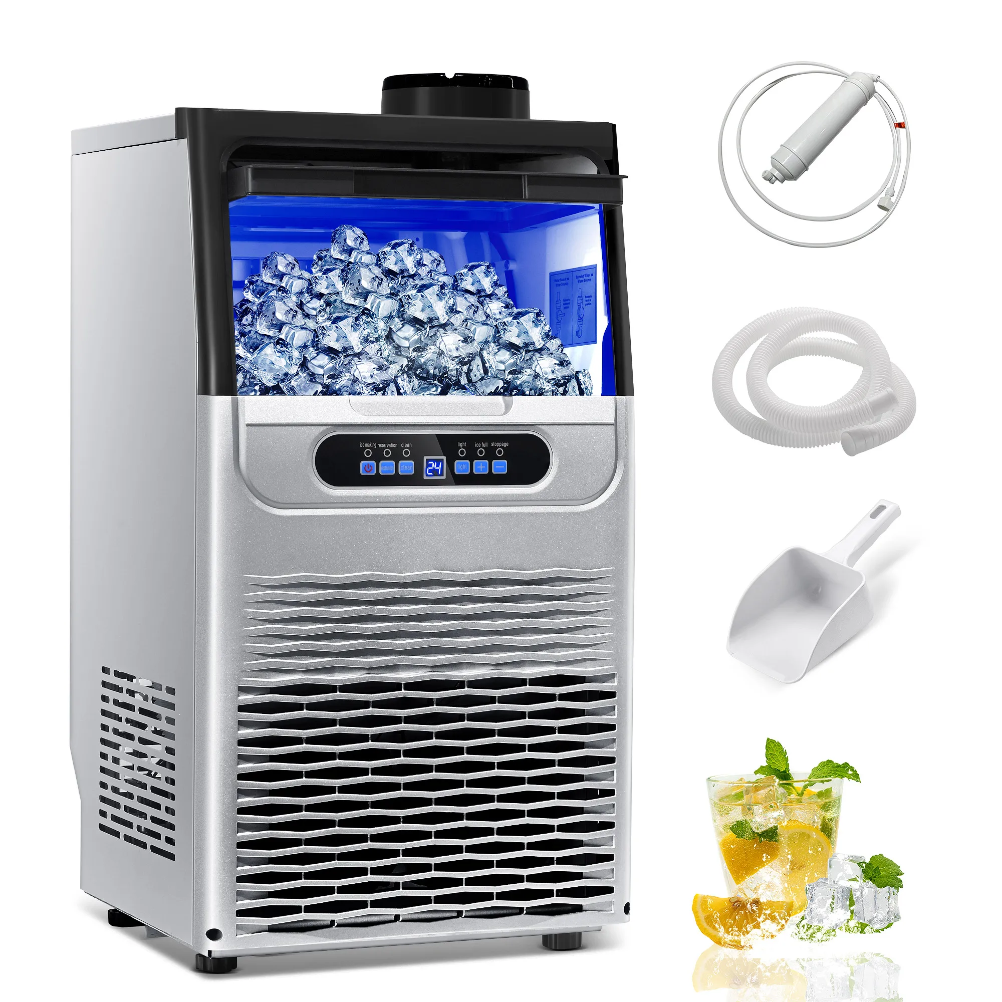 Acero inoxidable comercial 100LBS/24H, espesor ajustable, limpieza automática silenciosa, para Bar Hotel Catering ‌ Máquina para hacer hielo