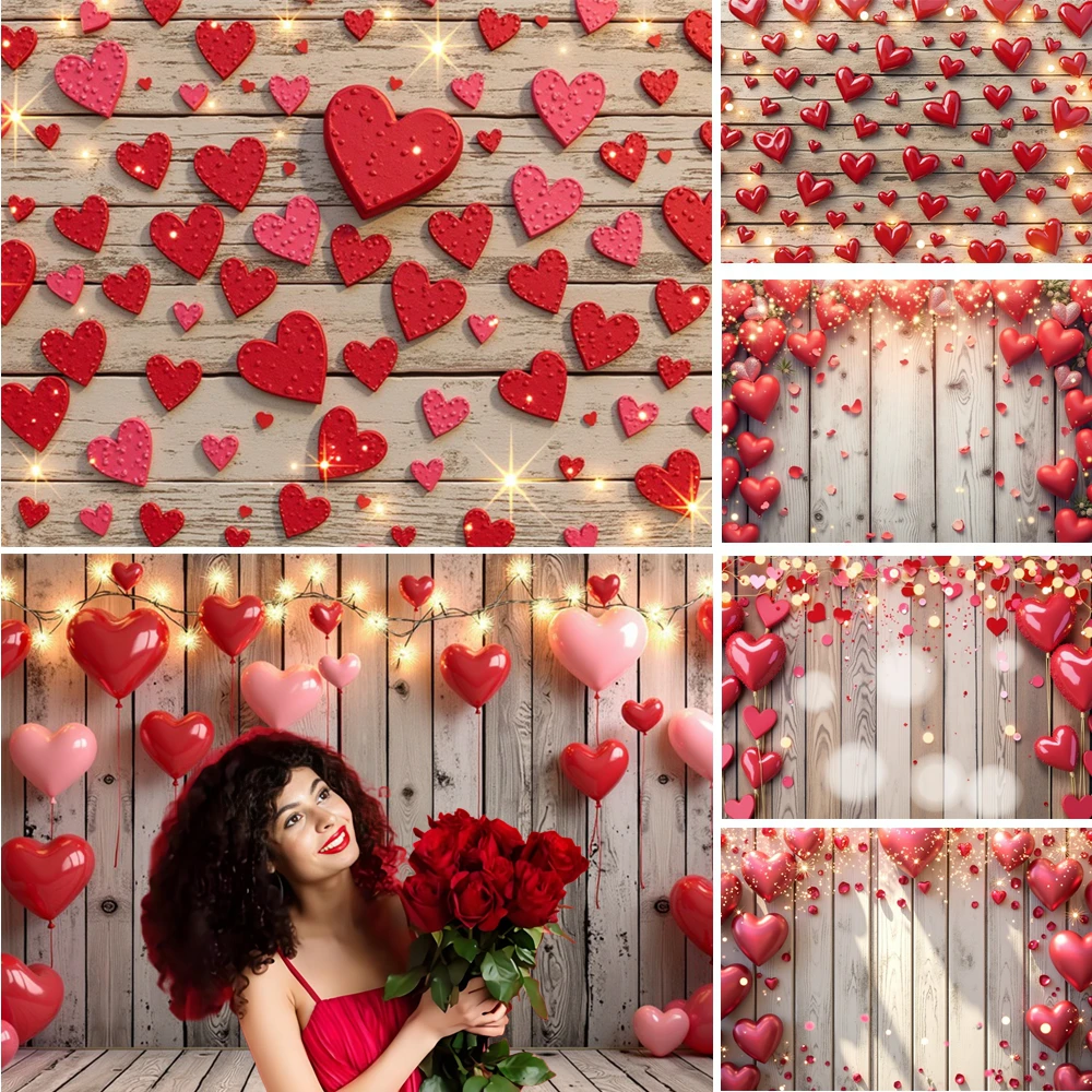 

MOON.QG Rustic Wooden Valentine's Day Photographic Background Heart Balloon February 14 Backdrop Accessories Poster Photozone