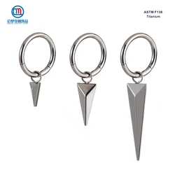 QM ASTM F136 Titanium Hoop Clicker Earring with Three-dimensional Triangle Pendant Piercing Body Jewelry