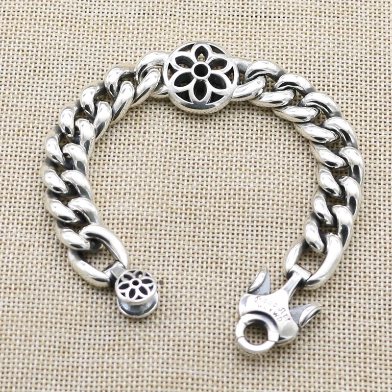 

Motorcycle punk trend influencer domineering pure silver cherry blossom bracelet Men's jewelry Thai silver wide face coarse smoo