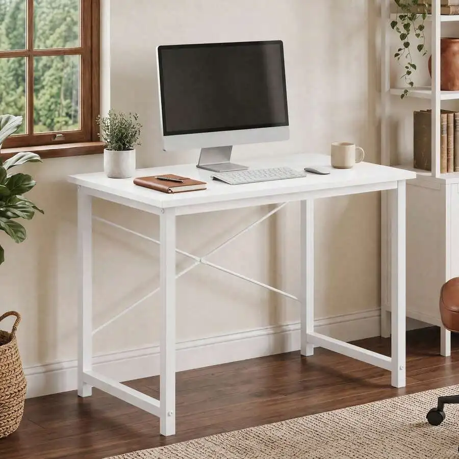 31 Inch Computer Desk, Small Writing Desk With Metal Frame, Compact Home Office Desk For Bedroom, Study Room & Indoor Spaces, White