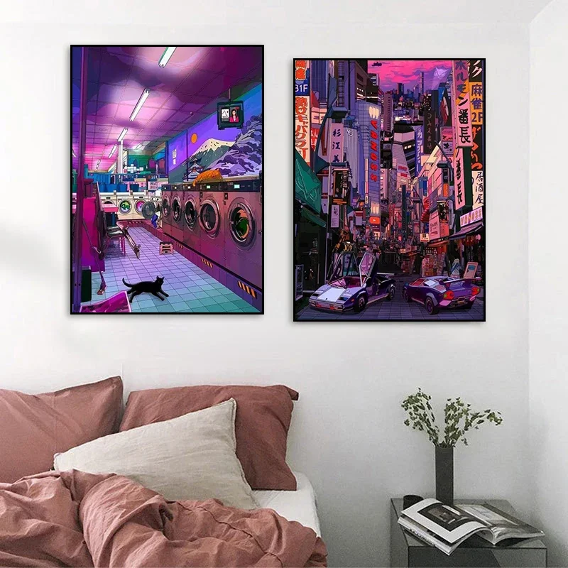 Classic Pop Wallpaper Art Night Neon City Streets Anime HD Canvas Print Poster Home Living Room Bedroom Decoration