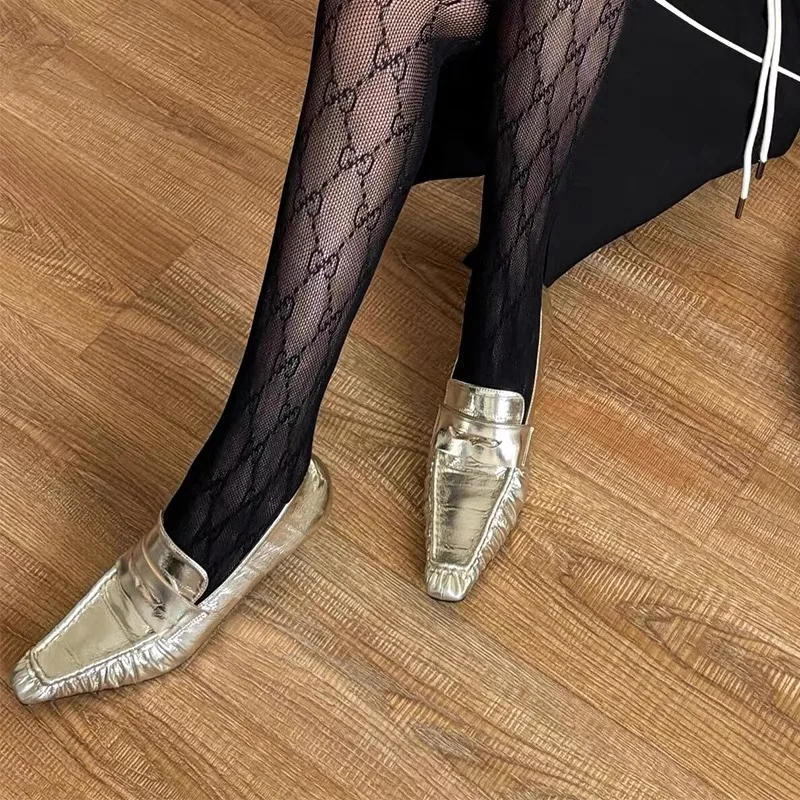 New Spring/Summer Women's Black/Gold Vintage Crocodile Pattern Thin Heel Loafers Small Square Toe Slip On Fashion Single Shoes