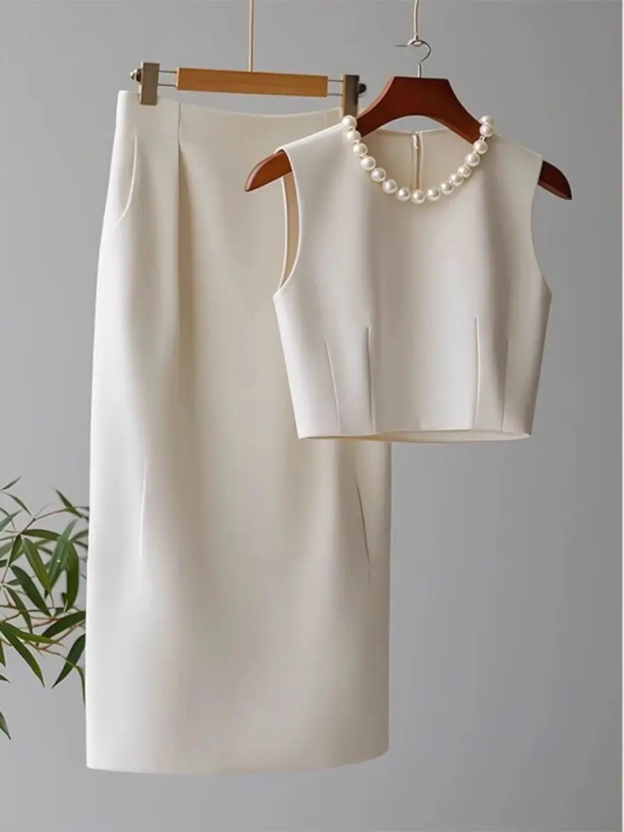 New Elegant Fashion 3D Beading Women's Two Piece Set Temperament O-neck Sleeveless Vest Crop Top + High Waist Bodycon Skirt Suit image 2