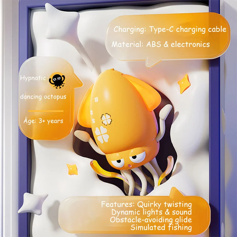 HUA HUA ของเล่นปลาหมึกเต้นรําไฟฟ้า, คลานเต้นรําหลีกเลี่ยงอุปสรรคอัตโนมัติของเล่นเซ็นเซอร์ปลาหมึกยักษ์พร้อมไฟ LED และดนตรี