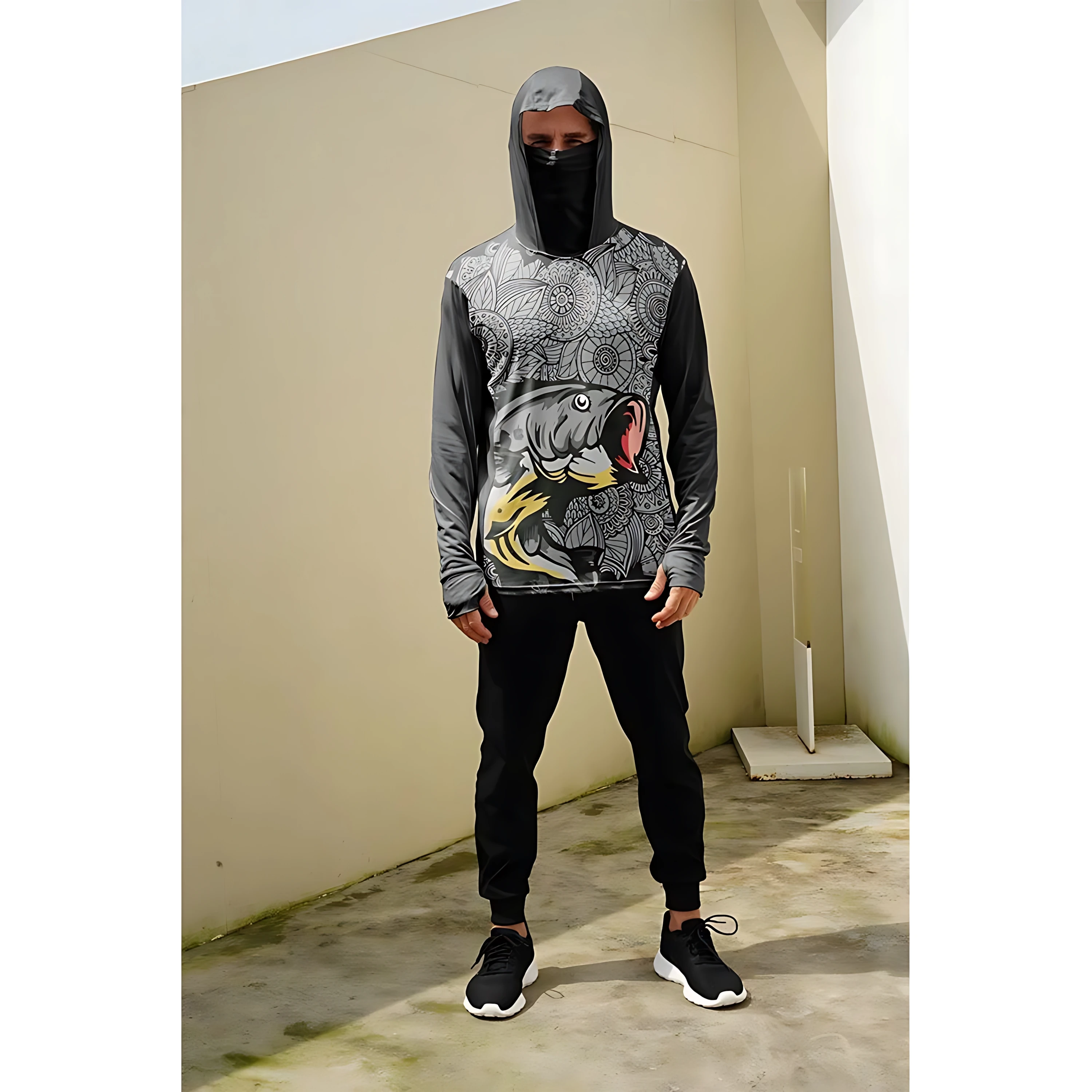 Men's long-sleeved T-shirt with sun protection hooded jacket protective mask one-piece outdoor long-sleeved top
