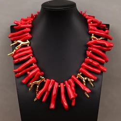 GG 20'' Natural Red Coral Top Drilled Branch Golden Resin Branch Chokers Necklace Pendant Handmade Women Gifts