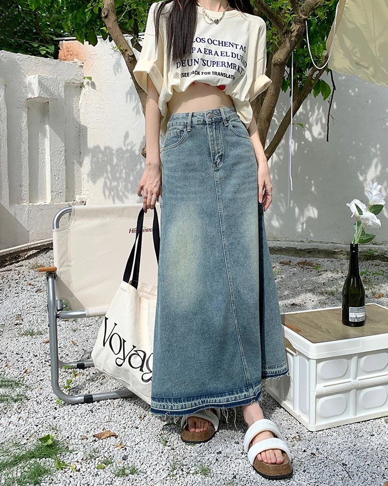 S-XL A Line gonna lunga in Denim 2023 stile coreano A vita alta Vintage nappa Midi Jeans gonne donna Jeans lunghi gonne stile (L2990