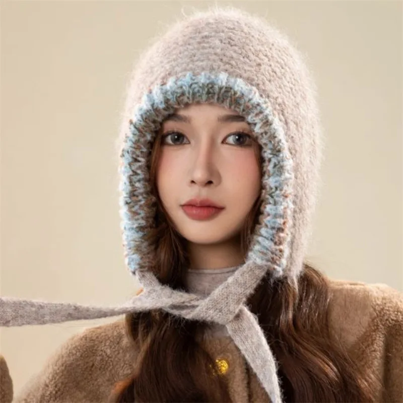 New knitted hat plush ear protection hats r women's cute versatile ear protection hat outdoor thin belt knitted cold hats