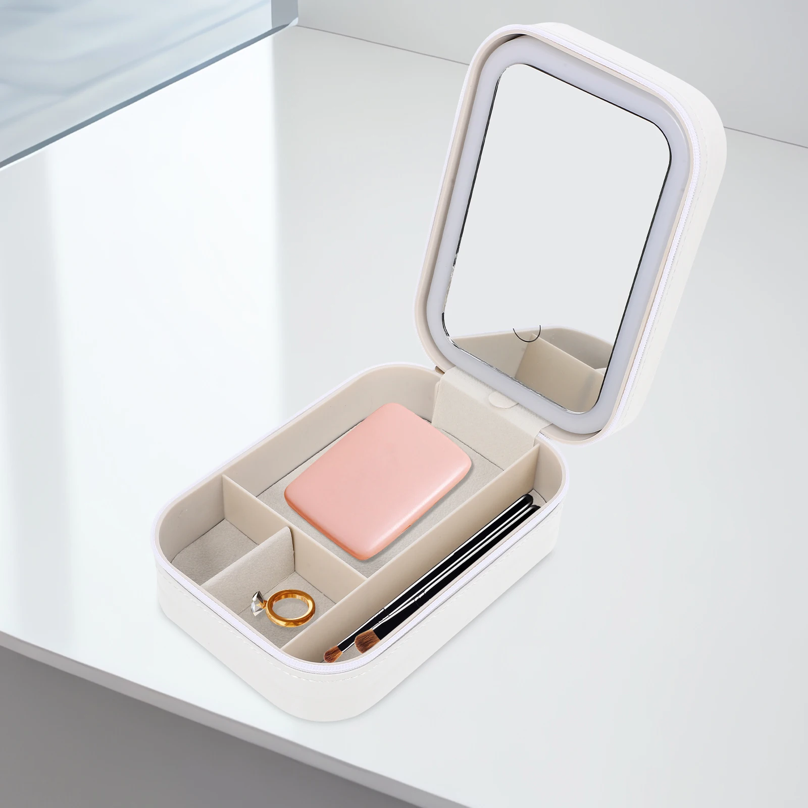 

Cream White Makeup Organizer Box LED Lighted Mirror Small Portable Travel Case Elegant Storage for Jewelry Essentials