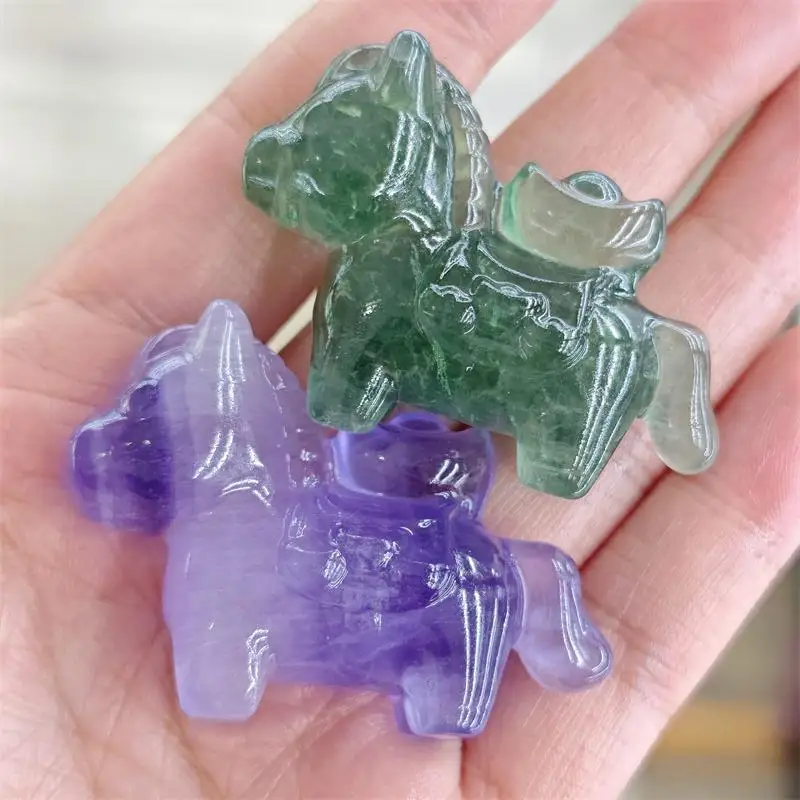 Natural Fluorite Cartoon Horse Carving Crystal Love Healing Fengshui Gemstones HomeDecoration Holiday Gift 1PCS