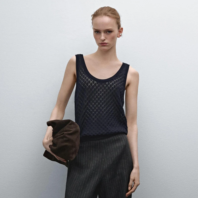 Ethereal MD 2025 massidutti zomer nieuwe stijl van dames ruitpatroon uitgehold gebreid halter mouwloos T-shirt top