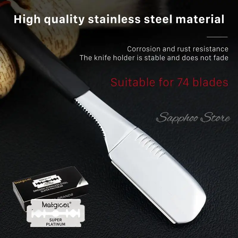 Men\'s Feather Straight Handle Razor Stainless Steel Barber Manual Shaving Razor Spring Design Easy Replace Blades 74 Blades