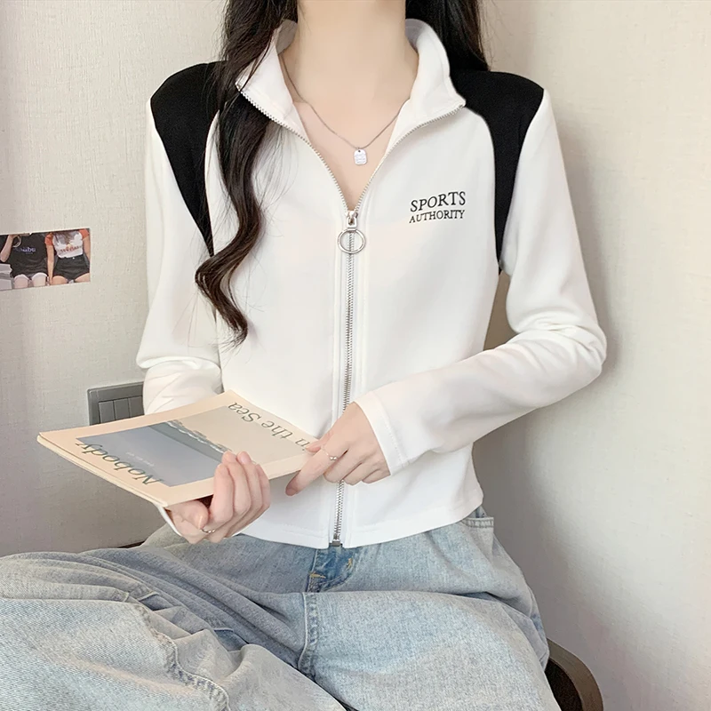 

2023 new women's college style fashionable and versatile loose top women's long-sleeved zippered sweater women