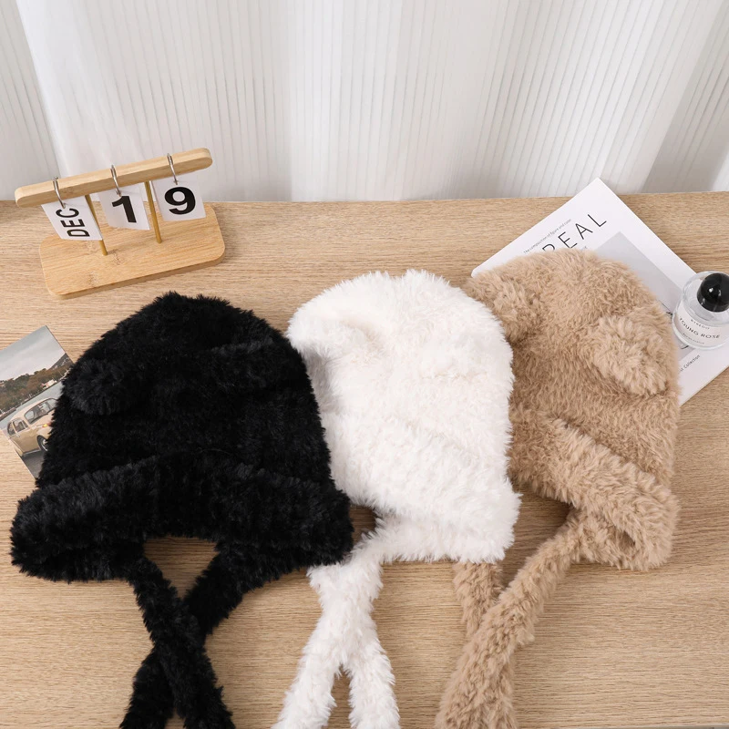 Fashion Cute Bear Ears Winter Hat Woolen Ear Protection Bucket Hat Plush Cold-proof Cycling Cap For Women