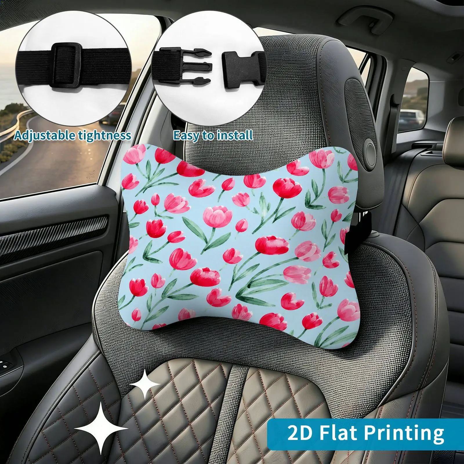 2pcs Floral Tulip Pattern Car Seat Headrest, Neck Support Cushion, Suitable For All Seasons Of Car Accessories, Tulip Theme, Tra