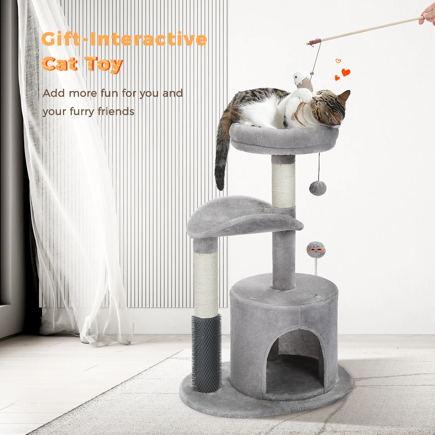 H83CM Cat Tree Condo with Cat Toy Gift Indoor Self Grooming Brush Sisal-Covered Scratching Post for Kitten Cozy Perch House Ball