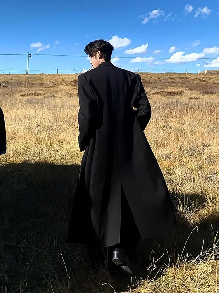 

Korean Sle Tall Men's Winter Coat oulder Pad Woolen Coat Medium Length Suit Feel Polyester Fiber Long Sve Single Button