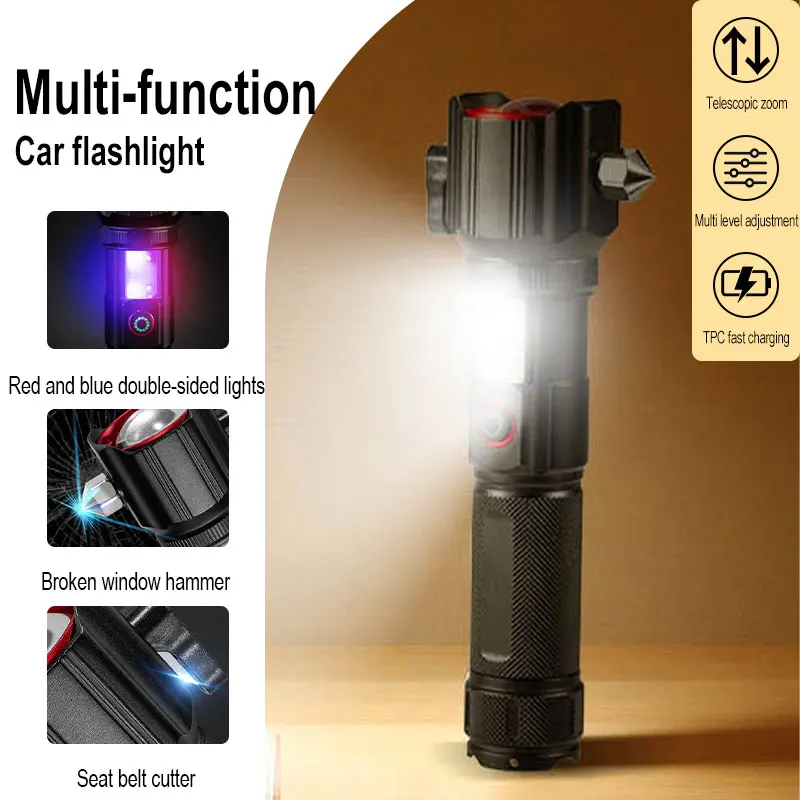 Multi-function Car Home LED Flashlight Car Safety Hammer Flashlight USB Charging Ultra-strong Outdoor Strong Light Detection